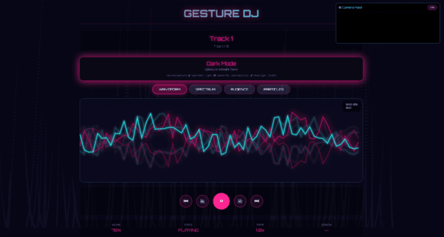 Gesture DJ web interface in dark mode with waveform visualizer and camera feed